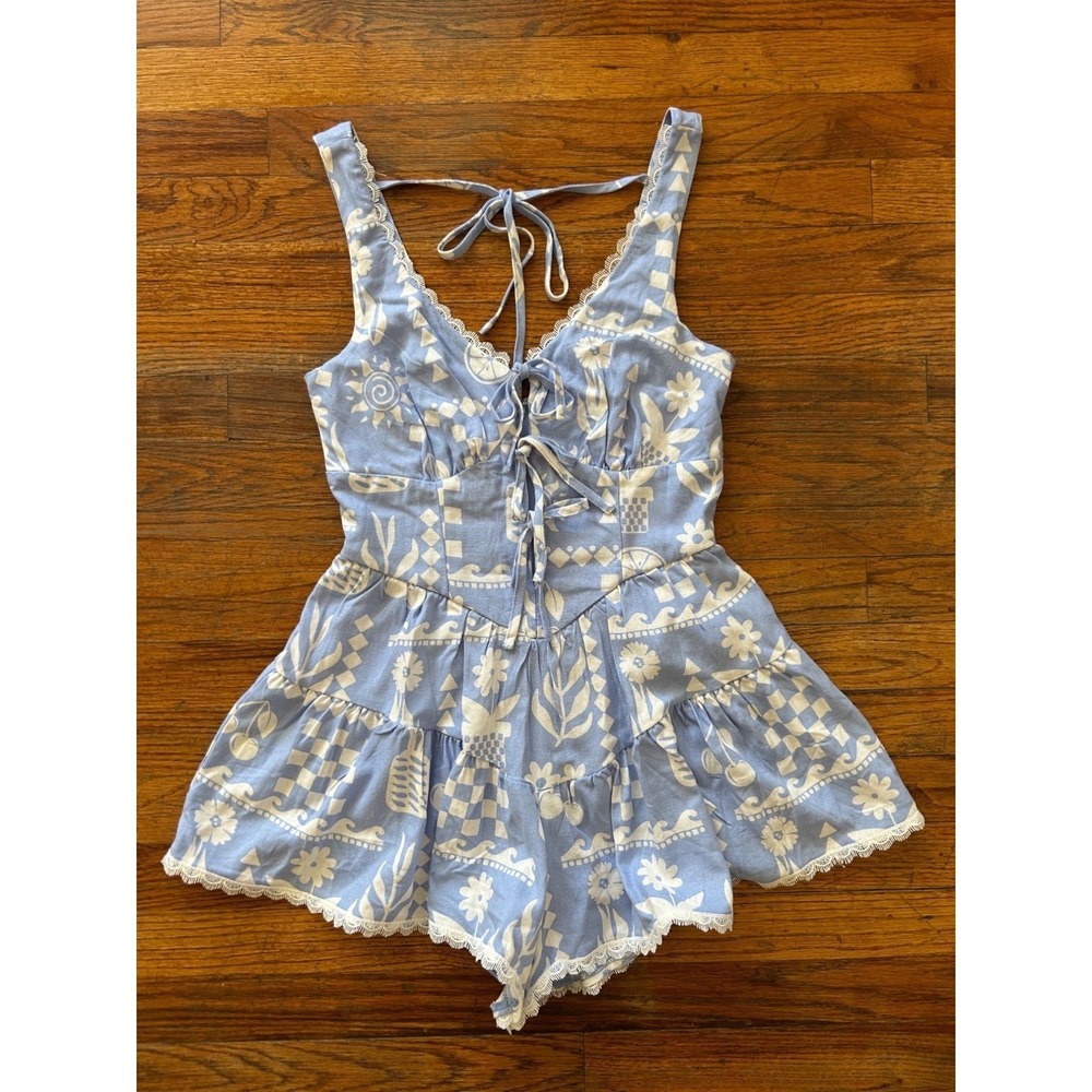 NWT RSQ Tillys Blue White Linen Blend Boho Festival Coquette Romper - Small